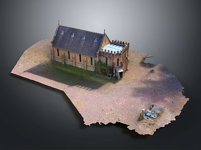 Cartoon Scene with Brick Church Steep Roof Tower on Sandy Ground Small Figures Near Entrance 3d model