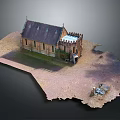 Cartoon Scene with Brick Church Steep Roof Tower on Sandy Ground Small Figures Near Entrance