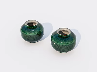 Two Green Ceramic Vessels With Striped Texture On White Background 3d model