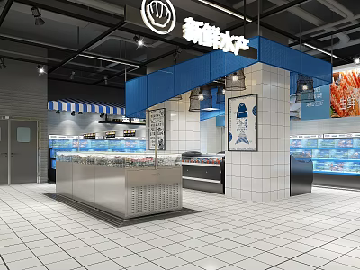 Bright Modern Supermarket Interior With Fresh Seafood Display Counters Blue White Decor And Tiled Floor 3d model