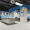 Bright Modern Supermarket Interior With Fresh Seafood Display Counters Blue White Decor And Tiled Floor