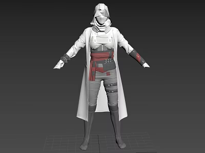Hooded White Long Coat 3D Model with Red Belt Gray Pants and Long Boots 3d model