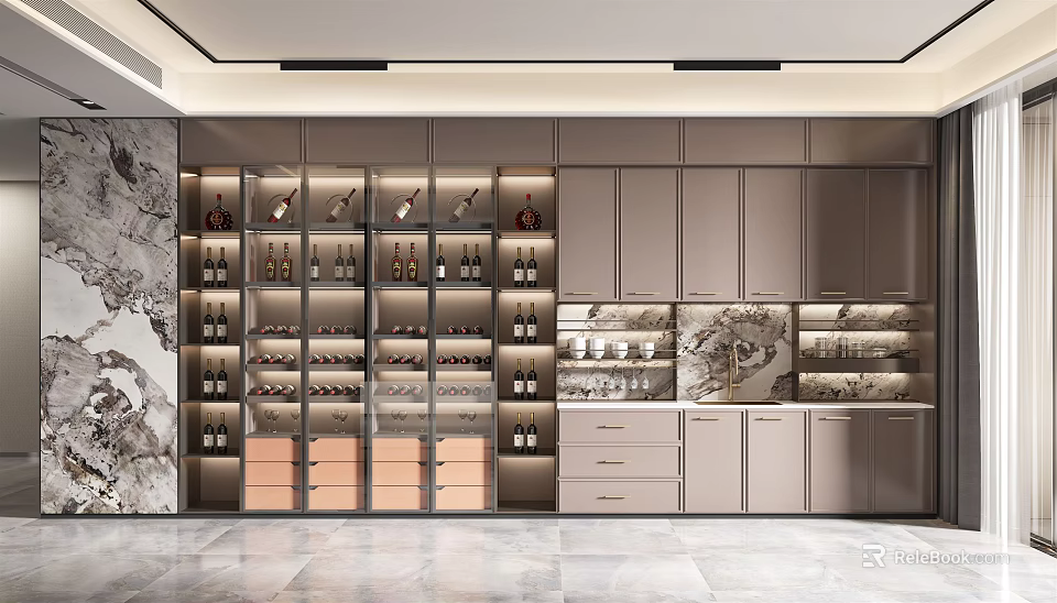 Modern Wine Cabinet Design With Glass Shelves Wine Bottles And Storage Cabinets 3d model 