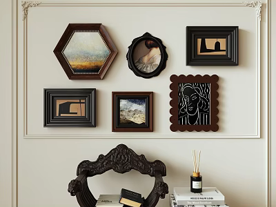 Stylish Wall Decor with Various Shaped Frames Decorative Mirror Books and Scented Diffuser 3d model