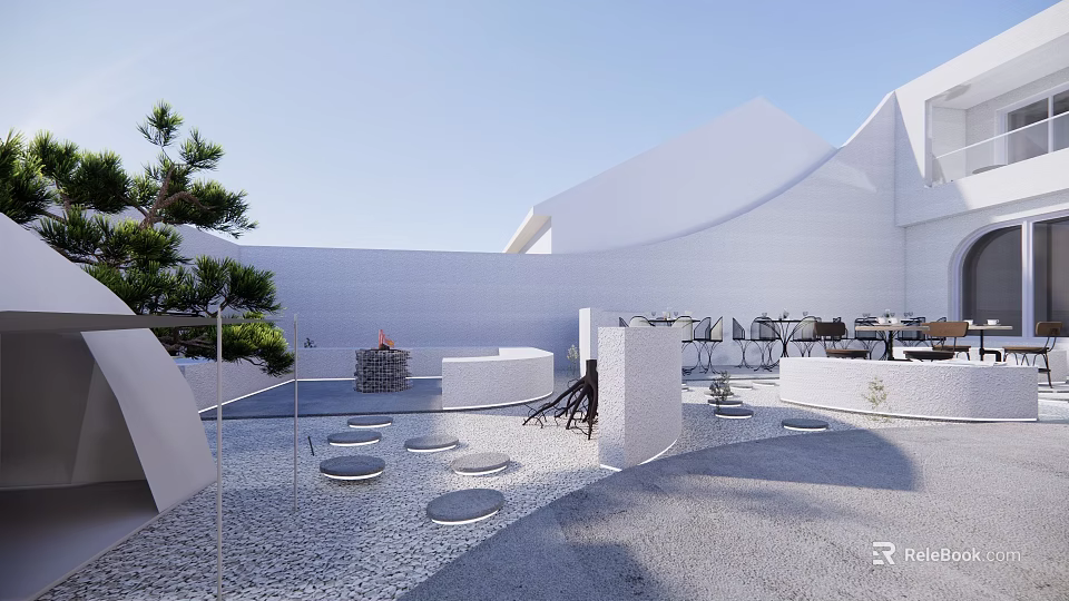 Detached Villa with White Architecture Outdoor Courtyard and Outdoor Furniture Green Plants 3d model 