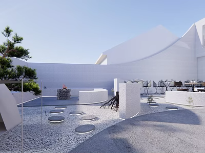 Detached Villa with White Architecture Outdoor Courtyard and Outdoor Furniture Green Plants 3d model