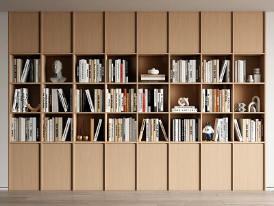 Modern Wooden Bookcase With Multiple Compartments Filled With Books Statues And Decorative Items 3d model