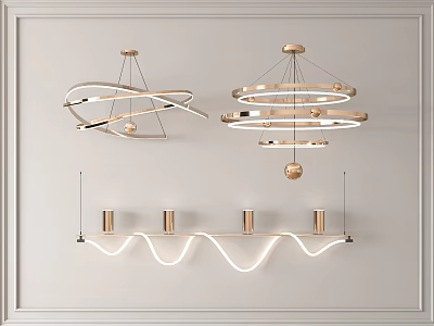Modern Chandeliers Featuring Circular And Wave Shaped Designs With Metal Frames And Lighting 3d model