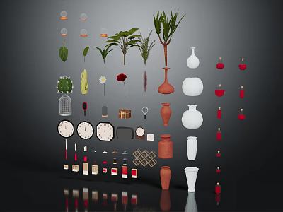 Stylish Home Furniture Display With Vases Plants Clocks And Decorative Accessories 3d model
