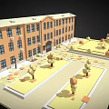 Cartoon style Orange Building With Trees Lawns And Scattered Fallen Leaves In Courtyard