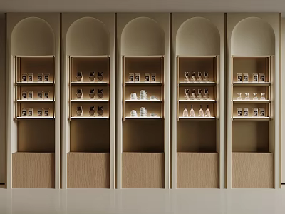 Modern Elegant Wooden Decorative Cabinets with Multiple Arched Doors Displaying Ornaments 3d model