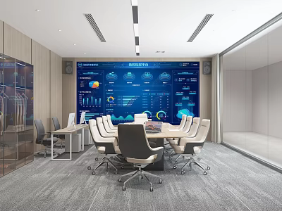 Modern Bright Smart Conference Room With Large Data Display And Comfortable Ergonomic Meeting Chairs 3d model