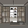 Modern Walk in Closet Interior With Glass Cabinets Hanging Racks And Sofa Bench