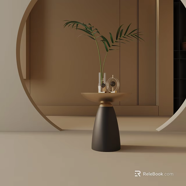 Modern Side Table With Black Conical Base Gold Accents And Decorative Plants On Round Top 3d model 