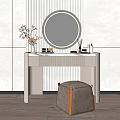 Elegant Modern Dressing Table with Round Mirror Cosmetics Vase and Stool 3d model