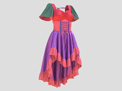 Colorful Layered Dress With Red Bodice Green Sleeves And Purple Pink Skirt 3d model