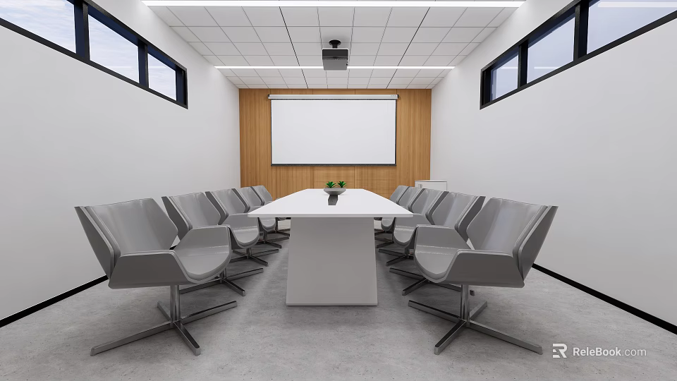 Modern Meeting Room Interior With Long Table Green Plant Gray Chairs And Projection Screen 3d model 