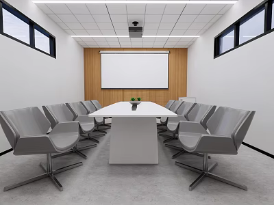 Modern Meeting Room Interior With Long Table Green Plant Gray Chairs And Projection Screen 3d model
