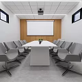 Modern Meeting Room Interior With Long Table Green Plant Gray Chairs And Projection Screen