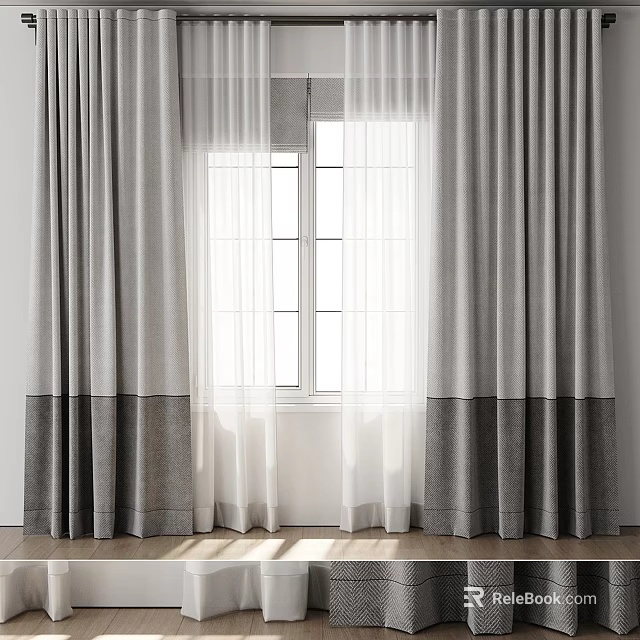 Layered Two Tone Gray Curtains With White Sheer Panel And Sunlit Window Wooden Floor 3d model 