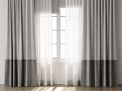 Layered Two Tone Gray Curtains With White Sheer Panel And Sunlit Window Wooden Floor 3d model