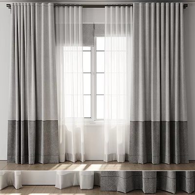 Layered Two Tone Gray Curtains With White Sheer Panel And Sunlit Window Wooden Floor 3d model