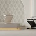 Sleek Modern White And Black Stools In Interior With Leaf Patterned Wallpaper And Gray Bench 3d model