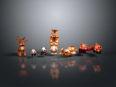 Cute Animal Characters Collection Featuring Deer Pandas Kittens Tigers And Reflections 3d model