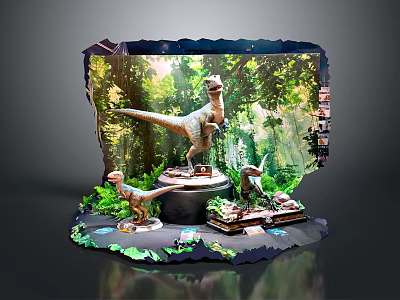 Multiple Detailed Realistic Dinosaur Models on Display Stand with Lush Forest Scene 3d model