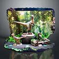 Multiple Detailed Realistic Dinosaur Models on Display Stand with Lush Forest Scene