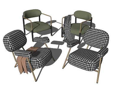 Modern Dining Chairs With Green Upholstery Armrests And Plaid Pattern Metal Frame 3d model