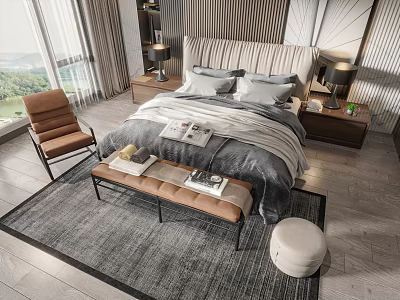 Modern Double Bed Bedroom Interior With Nightstands Lamps Bench Rug And Accent Chair 3d model