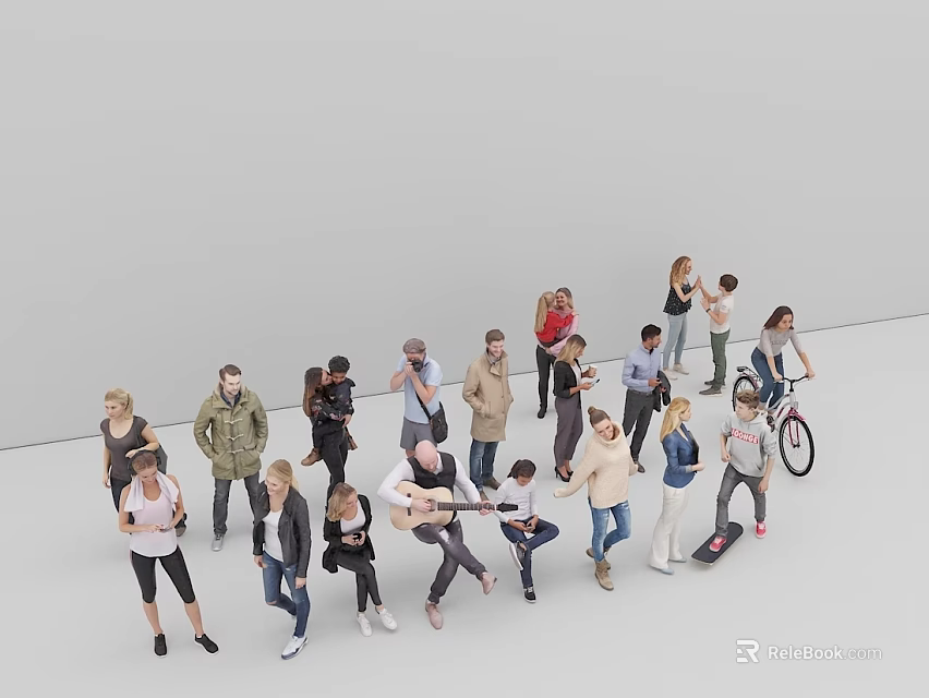 Group of Diverse People in Various Poses with Bicycle Standing Together 3d model 