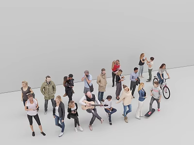 Group of Diverse People in Various Poses with Bicycle Standing Together 3d model