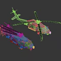 Two Military Helicopters with Rotors and Weapon Equipment in Detailed Design on Dark Background