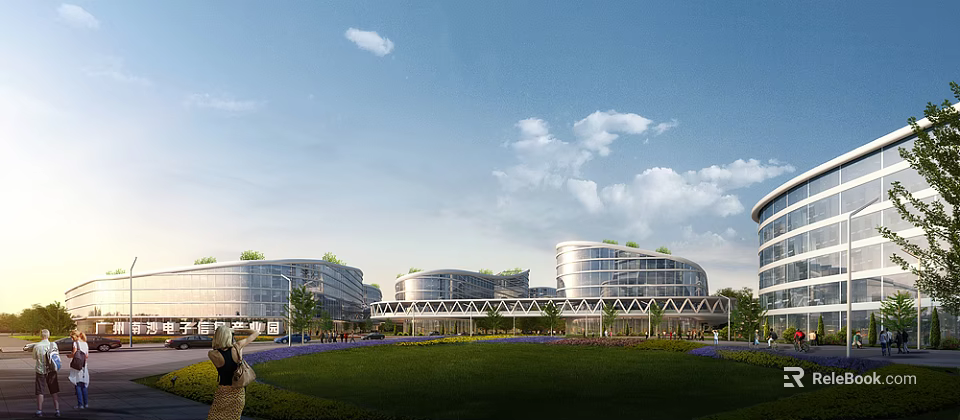 Modern Industrial Plant With Green Roofs Glass Curtain Walls Connecting Overpass Lawn And Blue Sky 3d model 