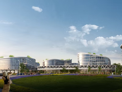 Modern Industrial Plant With Green Roofs Glass Curtain Walls Connecting Overpass Lawn And Blue Sky 3d model