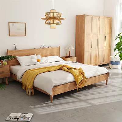 Wooden Double Bed With White Bedsheets Yellow Blanket Bedside Table Lamp Wardrobe And Wall Painting 3d model