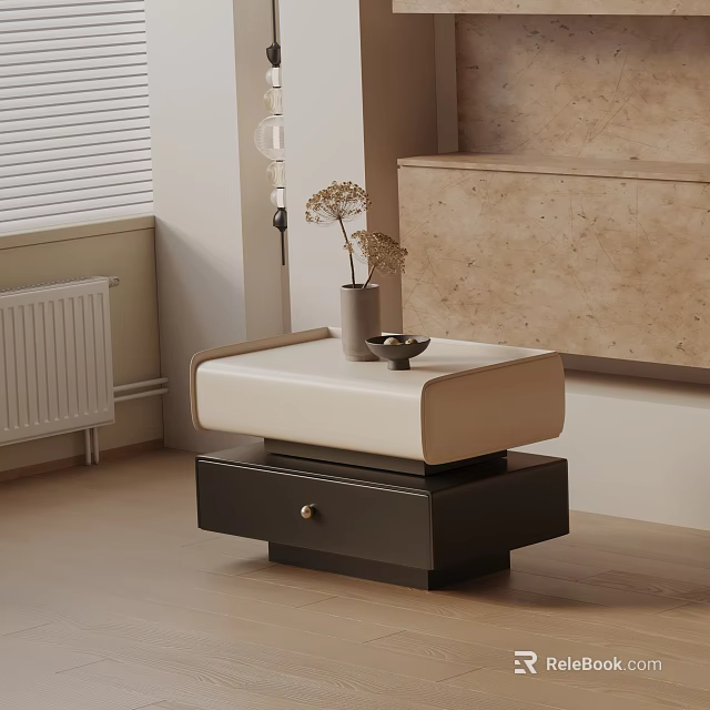 Modern Interior Bedside Nightstand With White Top Dark Drawer Metal Handle Vase And Dried Flowers 3d model 