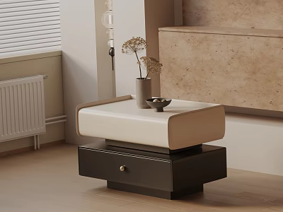 Modern Interior Bedside Nightstand With White Top Dark Drawer Metal Handle Vase And Dried Flowers 3d model