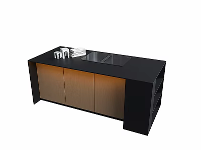 Modern Kitchen Dining Set With Black Top Island Counter And Wooden Cabinets 3d model