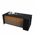 Modern Kitchen Dining Set With Black Top Island Counter And Wooden Cabinets