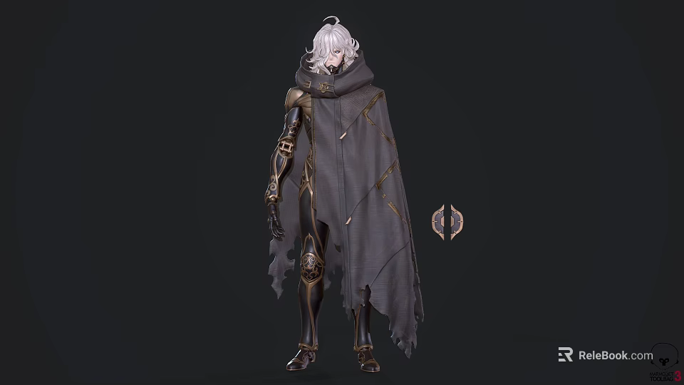 Game and Movie Character with White Hair Gray Cloak and Golden Armored Details 3d model 