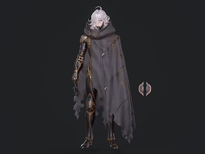 Game and Movie Character with White Hair Gray Cloak and Golden Armored Details 3d model