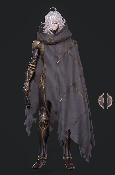Game and Movie Character with White Hair Gray Cloak and Golden Armored Details 3d model