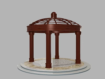 Wooden Gazebo Featuring Dome Roof Circular Base And Stone Floor Columns 3d model