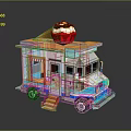 Colorful Food Truck With Large Cupcake On Top Wooden Steps And Blue Stripes
