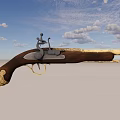Antique Pistol With Wooden Stock And Engraved Metal Components And Brass Parts