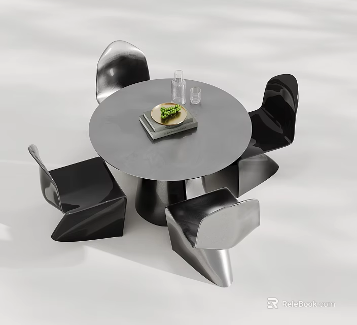 Modern Sleek Round Dining Table Set With Unique Metallic Chairs For Elegant Home Dining Space 3d model 