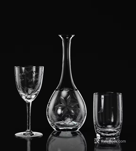 Elegant Beverage Glassware Set with Engraved Wine Glass Crystal Decanter and Tumbler 3d model 